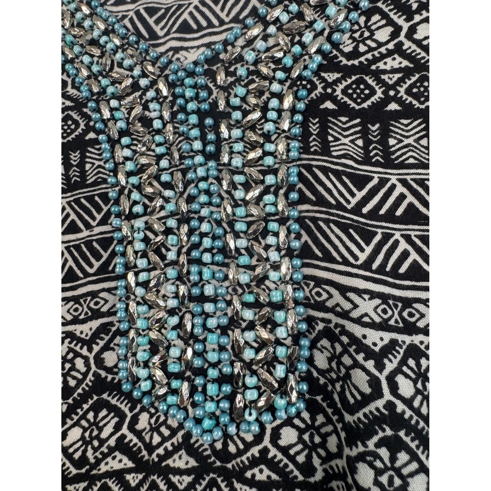 dalin. Tunic Top Black White Print with Turquoise Beaded V-Neckline Size Large - Picture 12 of 13